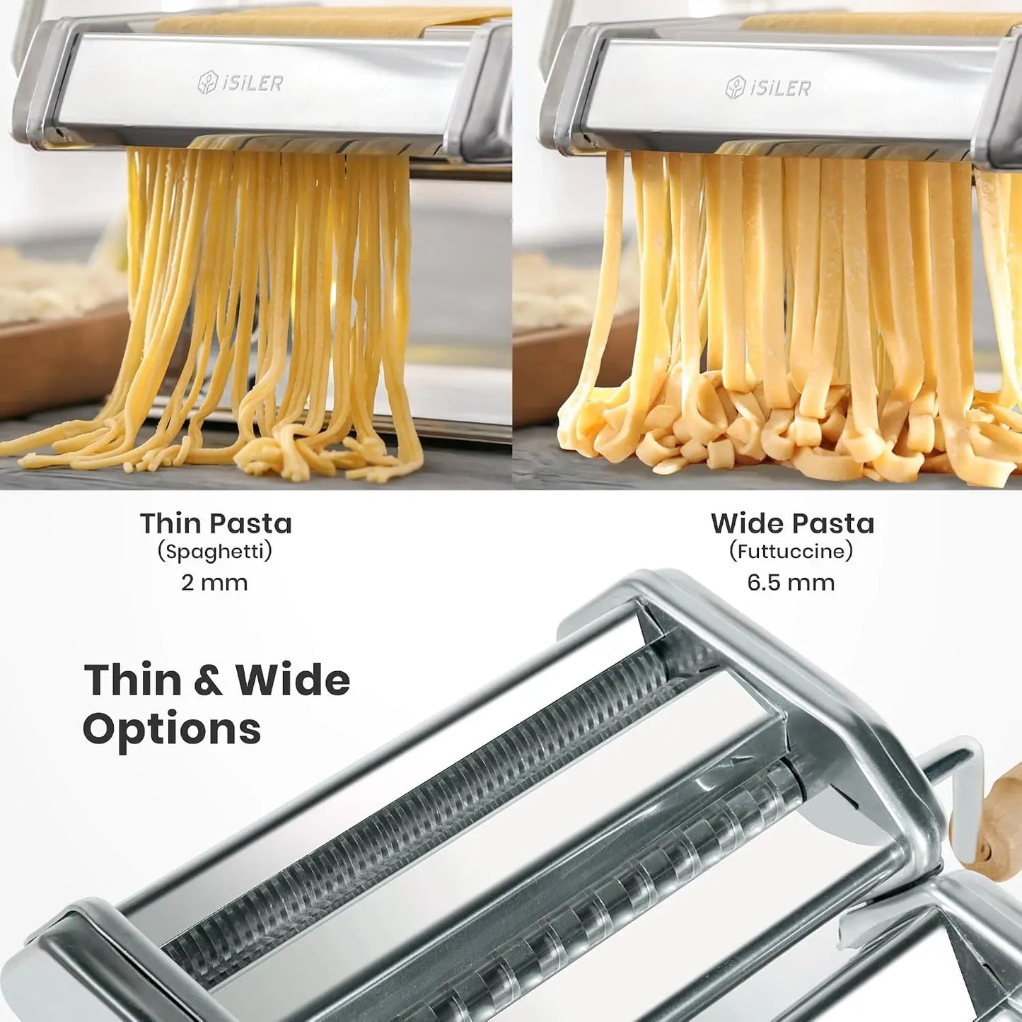 3-in-1 Pasta Machine: 9 Thickness Settings, Dough Rollers & 2 Cutters, Stainless Steel, Durable & Easy Clean