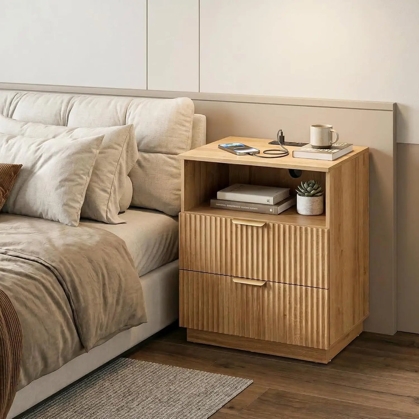 Nightstand with Charging Station, Fluted Bedside Table with 2 Storage Drawers & Open Shelf