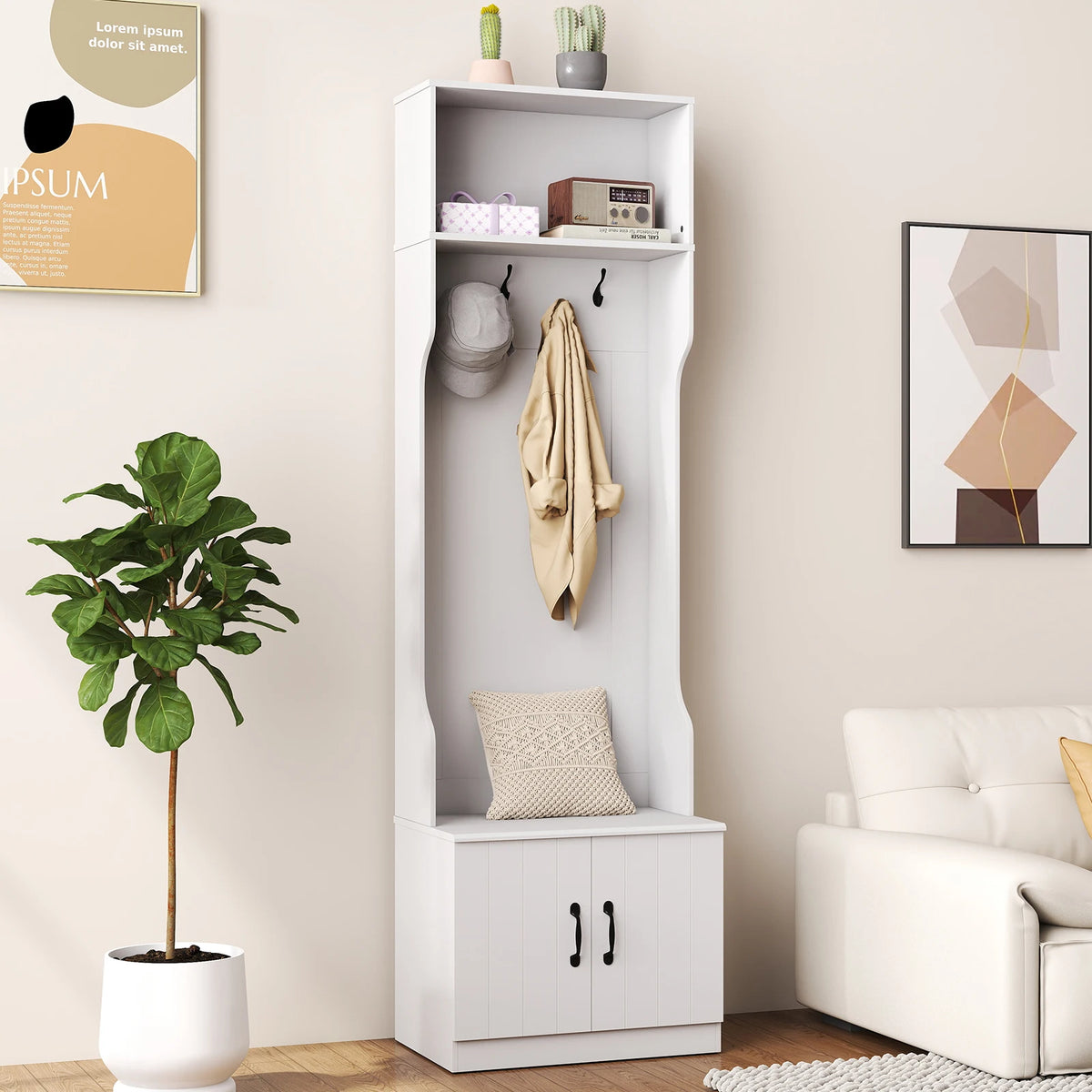 3-in-1 Hall Tree w/ Bench Storage, Adjustable Shelves with Hanging Hooks for Entryway