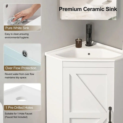 Corner Bathroom Vanity with Sink Combo, Freestanding Wall Mounted Storage Cabinet, White Ceramic Sink
