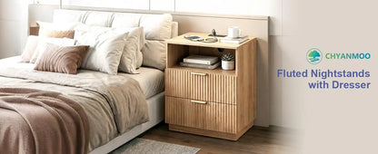 Nightstand with Charging Station, Fluted Bedside Table with 2 Storage Drawers & Open Shelf