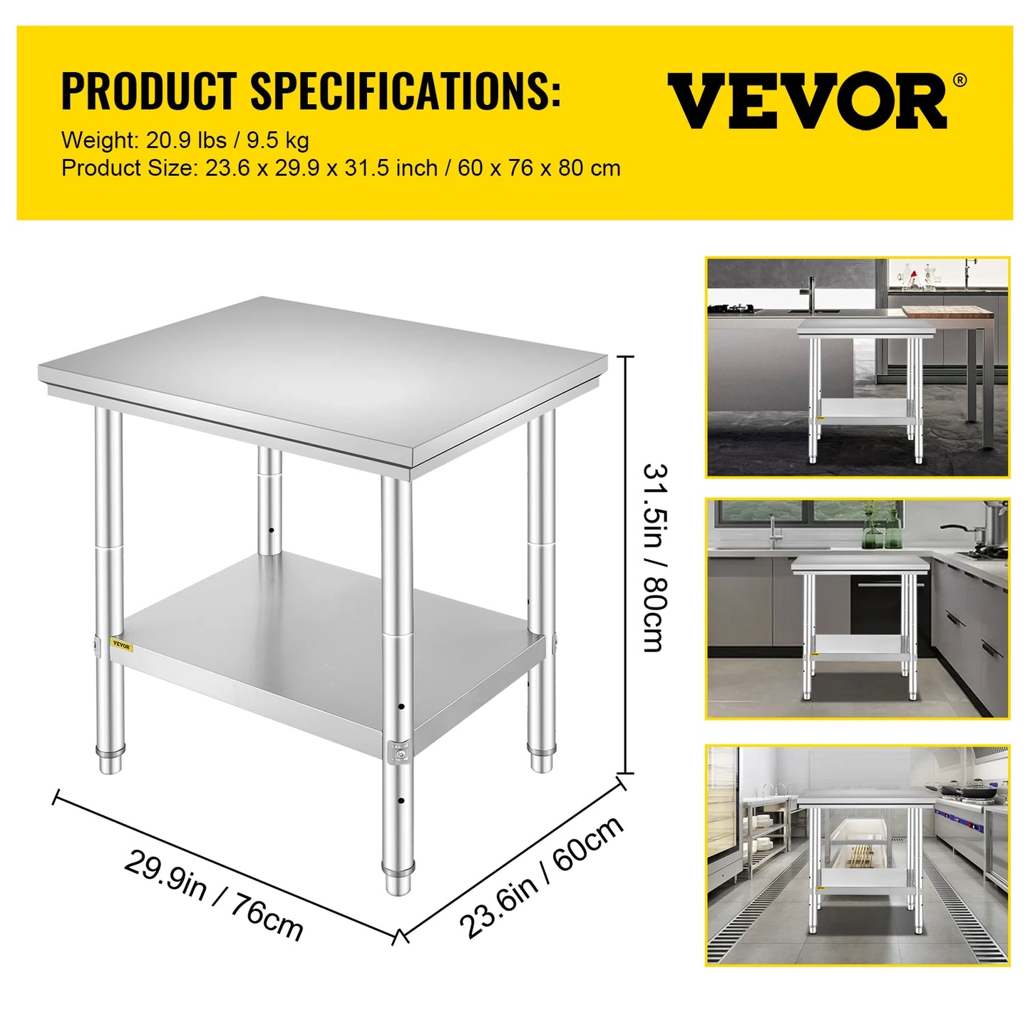 Kitchen Work Table for Commercial Catering, Garage, Restaurant with Undershelf, Stainless Steel