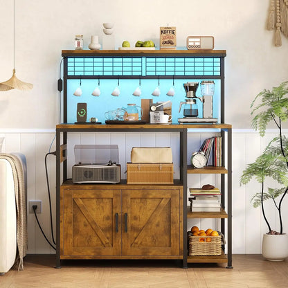 Bakers Rack with Power Outlet and LED Light, Microwave Stand with Storage Cabinet