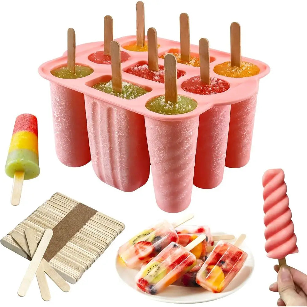 9 Cavity Silicone Ice Pop Molds, Easy-Release, BPA-Free with 50 PCS Sticks