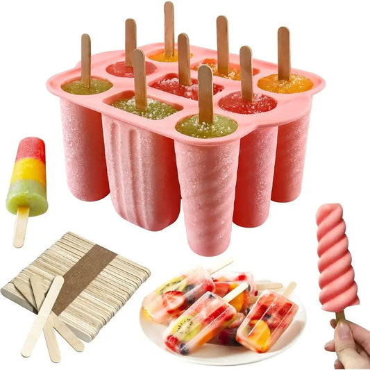 9 Cavity Silicone Ice Pop Molds, Easy-Release, BPA-Free with 50 PCS Sticks