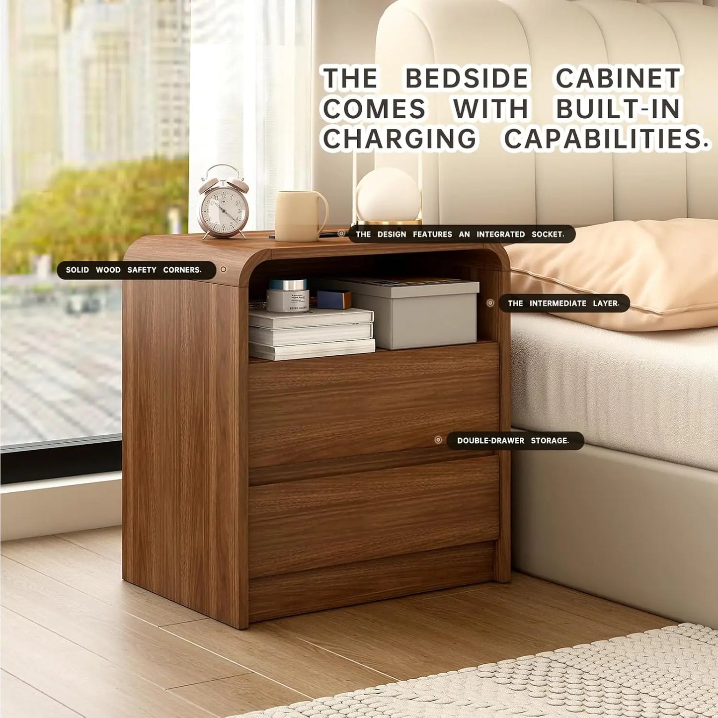 23.6" Walnut Nightstand with Charging Station, Mid Century Modern