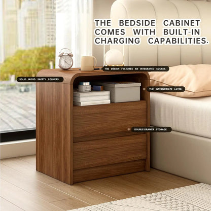 23.6" Walnut Nightstand with Charging Station, Mid Century Modern