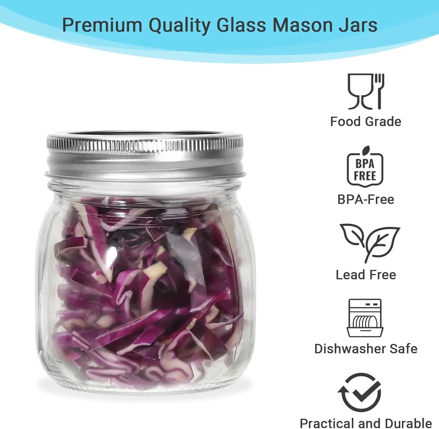 10 oz Glass Mason Jars, 24 Pack Regular Mouth with Silver Lids & Bands