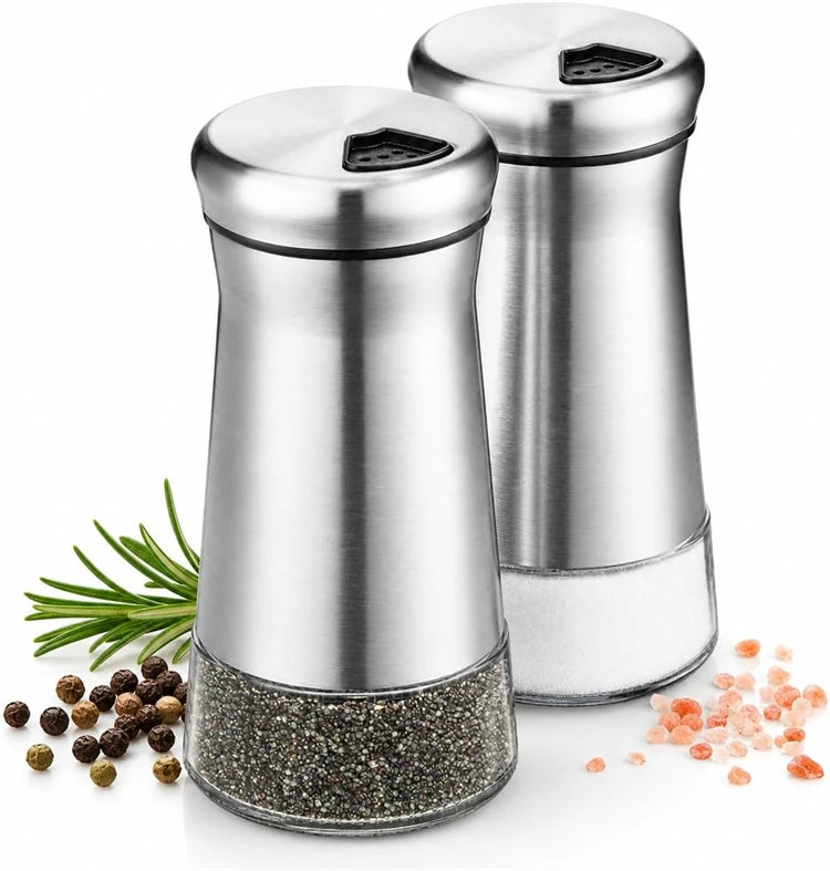 Glass Salt/Pepper Shakers, Stainless Steel Spice Dispenser with Adjustable Pour Holes, Kitchen Items