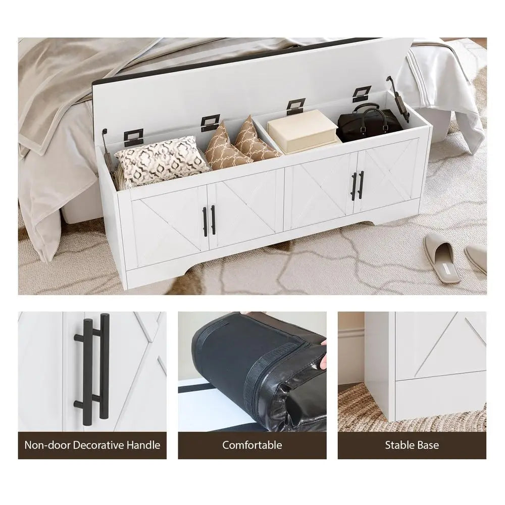Farmhouse Storage Bench with Lift Top Storage, 47.2 Entryway Bench with Cushioned Seat, End of Bed Bench, Wooden Storage Chest