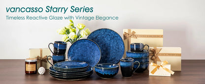 16/32-Piece Starry Blue Dinner Set, Kiln Glaze Tableware Dinner Set with Dinner Plate, Dessert Plate, Bowl