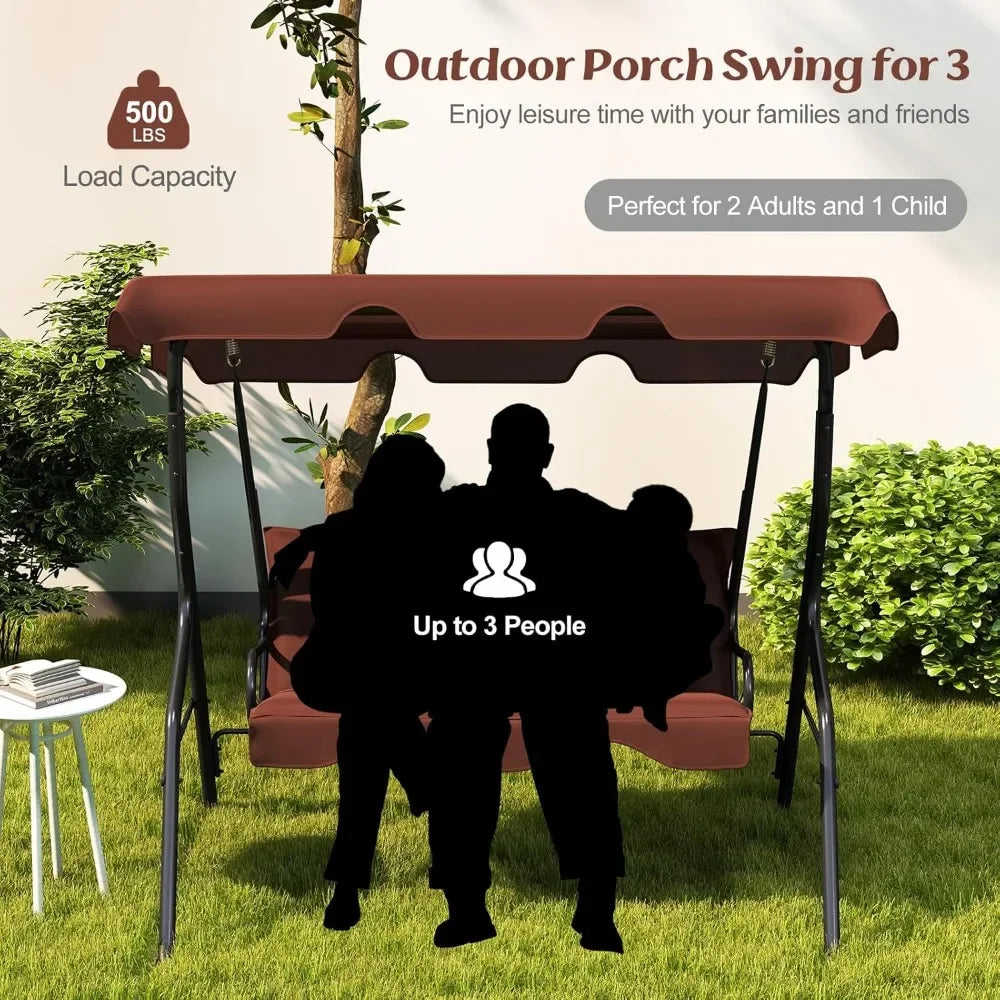 3 Person Porch Swing, with Removable Cushions and Powder Coated Steel Frame, with Canopy