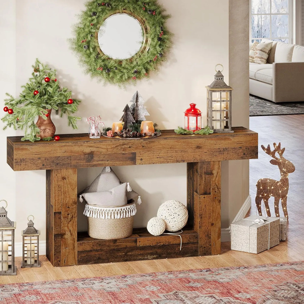 63" Console Table, Farmhouse 2-Tier Entryway Table with U-Shaped Base, Narrow Long Wood Sofa Table, Behind Couch Table