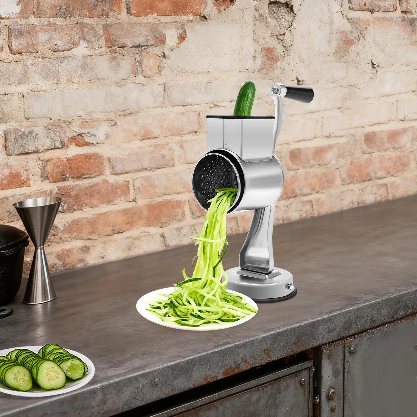 Rotary Grater, Stainless Steel Slicer with 5 Blades & Suction Cup Base