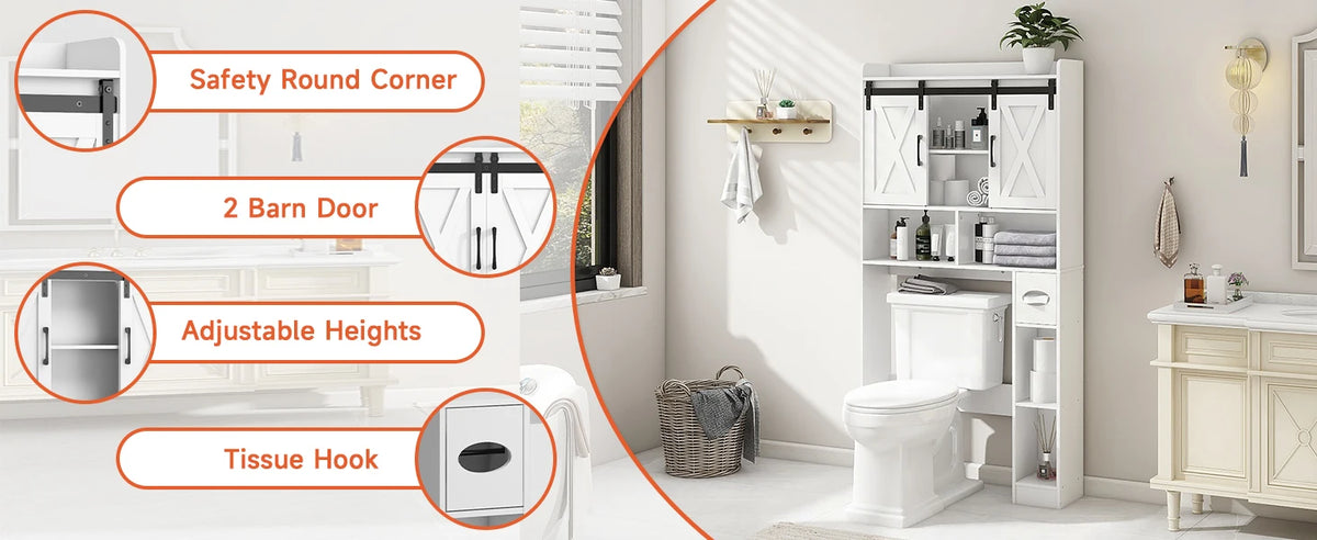 Over The Toilet Storage Cabinet with Sliding Doors, White | Farmhouse Storage Cabinet Over Toilet, Home Space-Saving Toilet Rack, Toilet Paper Holder Stand