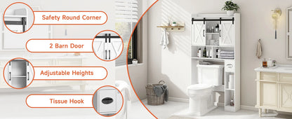 Over The Toilet Storage Cabinet with Sliding Doors, White | Farmhouse Storage Cabinet Over Toilet, Home Space-Saving Toilet Rack, Toilet Paper Holder Stand