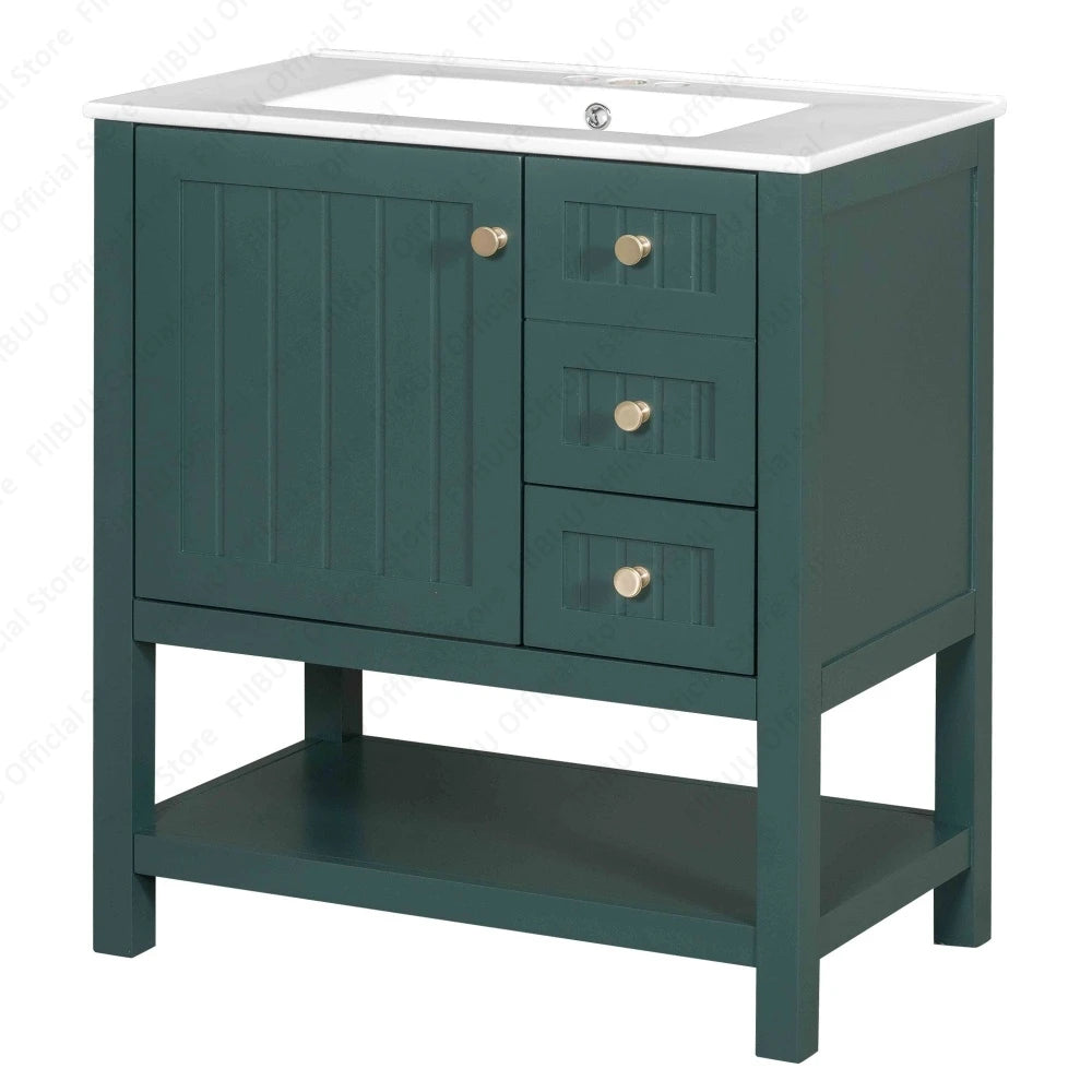 Bathroom Vanity Cabinet Combo, 30 Inch with Ceramic Sink, Soft-Close Doors, Solid Wood Frame, Waterproof for Small Bathroom Storage