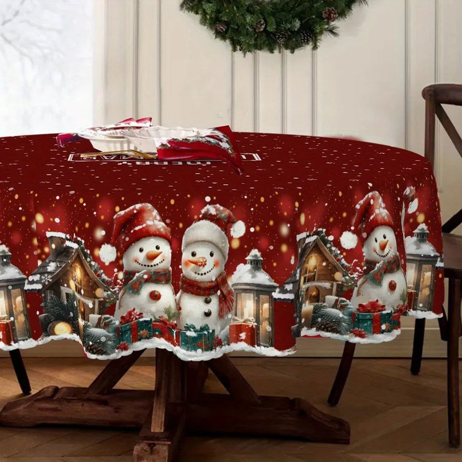 1pc Christmas Snowman Tablecloth with Snowflake & Snow Farm Design - Winter Themed Rectangular ' Table, Fabric Suitable for Indoor/Outdoor Holiday Dining, Farmhouse Decorations