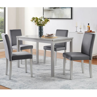 5-piece wooden dining table set with rectangular table and 4 cushioned chairs, decorated with crystal, silver gray