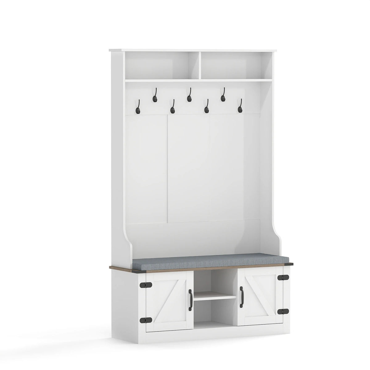 68. 5” 4-in-1 Hall Tree w/ Cushioned Bench Shoe Storage, 7 Hooks and 2 Cabinets, White