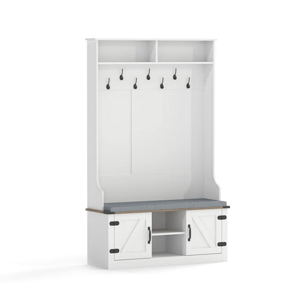 68. 5” 4-in-1 Hall Tree w/ Cushioned Bench Shoe Storage, 7 Hooks and 2 Cabinets, White