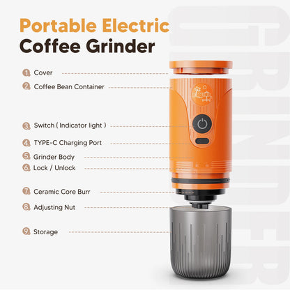 Portable Electric Coffee Bean Grinder, Ceramic Core, Adjustable and Rechargeable