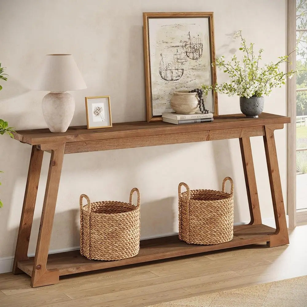 Solid Wood Table, 63-Inch with 2-Tier Storage