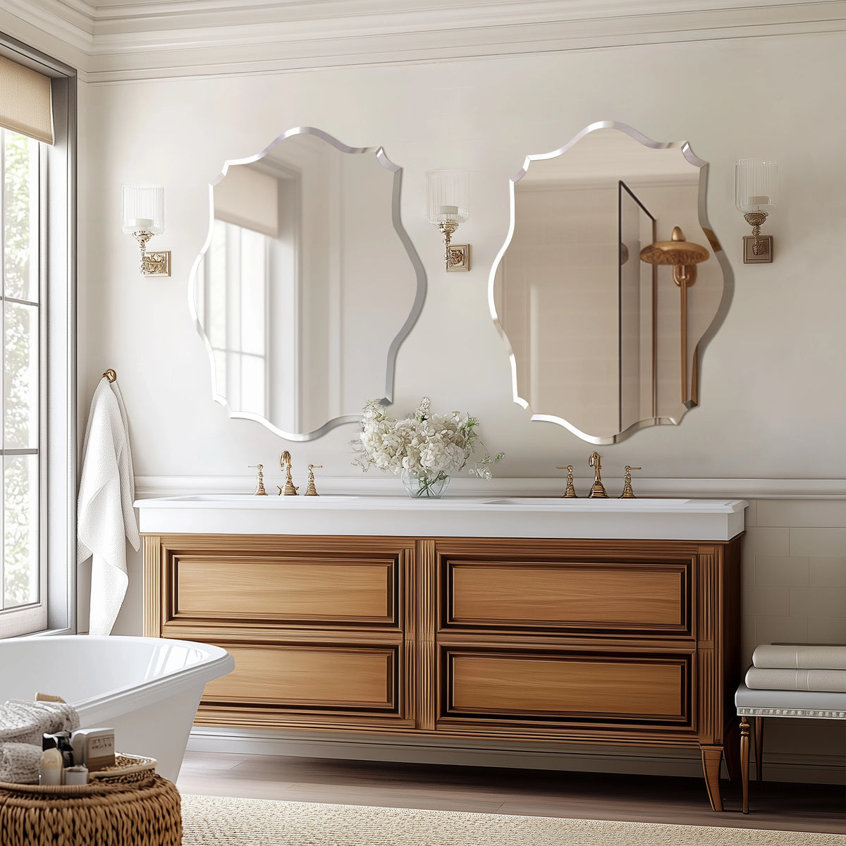 Wall Mirror, Scalloped Frameless Beveled Edge, Polished for Bathroom, Living Room, Vanity, Bedroom, Slive