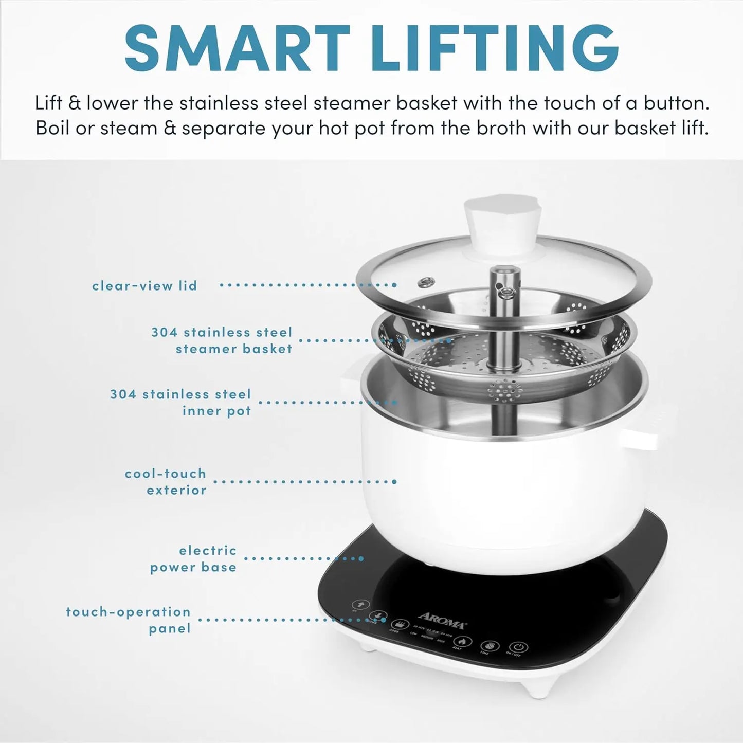 2.5-Liter Smart Electric Hot Pot & Steamer with Automatic Stainless Steel Steamer Basket Lift