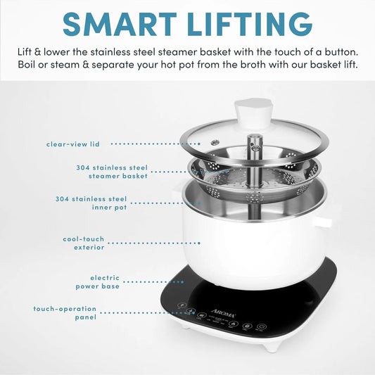 2.5-Liter Smart Electric Hot Pot & Steamer with Automatic Stainless Steel Steamer Basket Lift