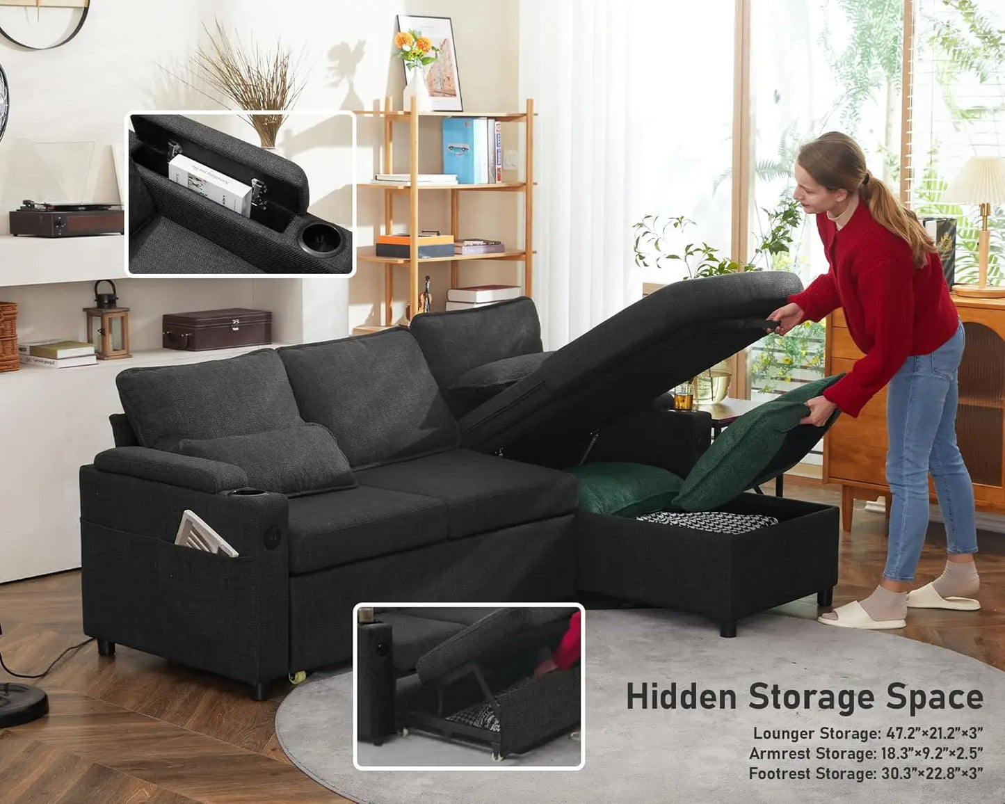 Sofa Bed Sleeper w/Pull Out and Storage,USB, Cup Holder
