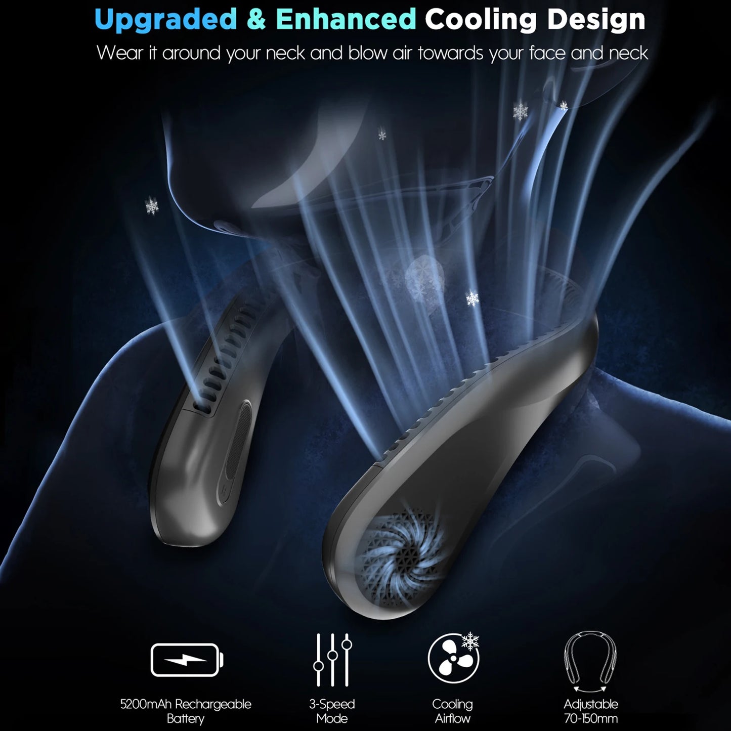 Portable Neck Fan, Rechargeable Bladeless and Wearable with 4 Speeds, 66 Vents