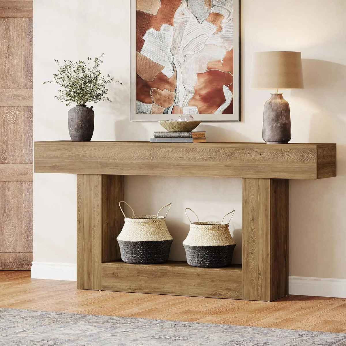63" Console Table, Farmhouse 2-Tier Entryway Table with U-Shaped Base, Narrow Long Wood Sofa Table, Behind Couch Table