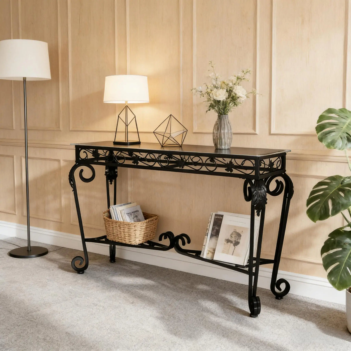 Modern Style Fancy Glass and Metal Table for Entrance, Console Tables for Entryway, Sturdy Hallway Table with Storage
