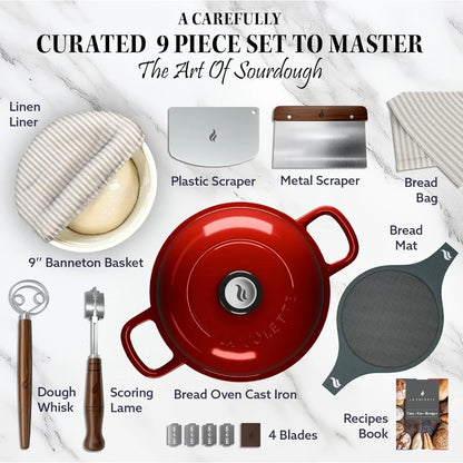 Enameled Cast Iron Bread Pan With Lid, 9 Piece Complete Bread Baking Set, Dutch Oven for Bread Baking 10 Inch Bread Oven with Lid