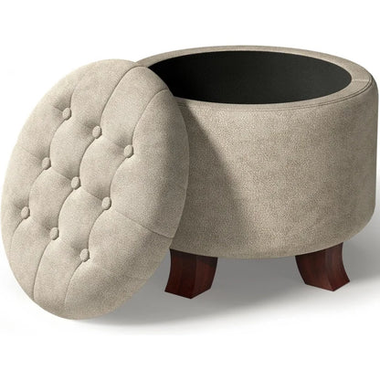 Round footstool, upholstered with storage, taupe and black.