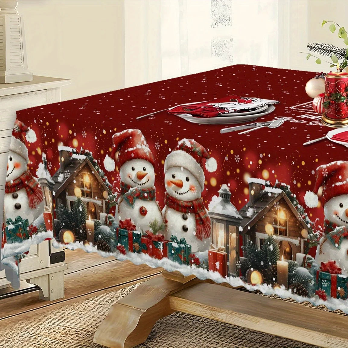 1pc Christmas Snowman Tablecloth with Snowflake & Snow Farm Design - Winter Themed Rectangular ' Table, Fabric Suitable for Indoor/Outdoor Holiday Dining, Farmhouse Decorations