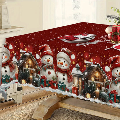 1pc Christmas Snowman Tablecloth with Snowflake & Snow Farm Design - Winter Themed Rectangular ' Table, Fabric Suitable for Indoor/Outdoor Holiday Dining, Farmhouse Decorations