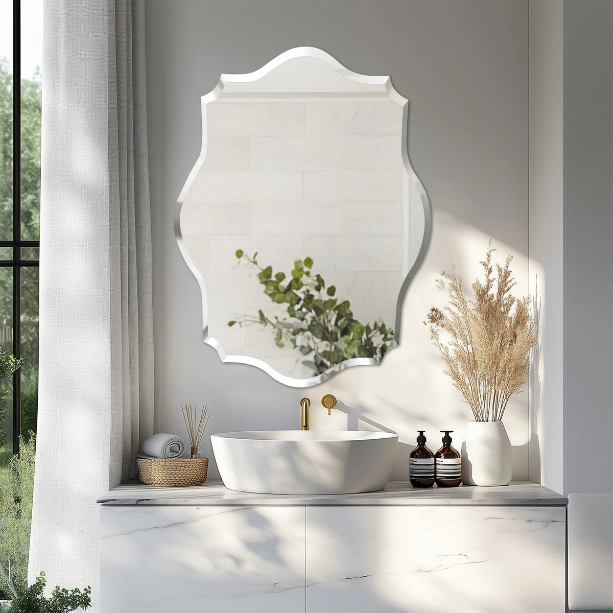 Wall Mirror, Scalloped Frameless Beveled Edge, Polished for Bathroom, Living Room, Vanity, Bedroom, Slive