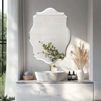 Wall Mirror, Scalloped Frameless Beveled Edge, Polished for Bathroom, Living Room, Vanity, Bedroom, Slive