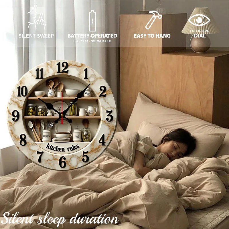 2D Flat Kitchen Rules Design, Wooden Round Silent Hanging Wall Clock,For Living Room,Office,Study Room,Bedroom, Home Decoration