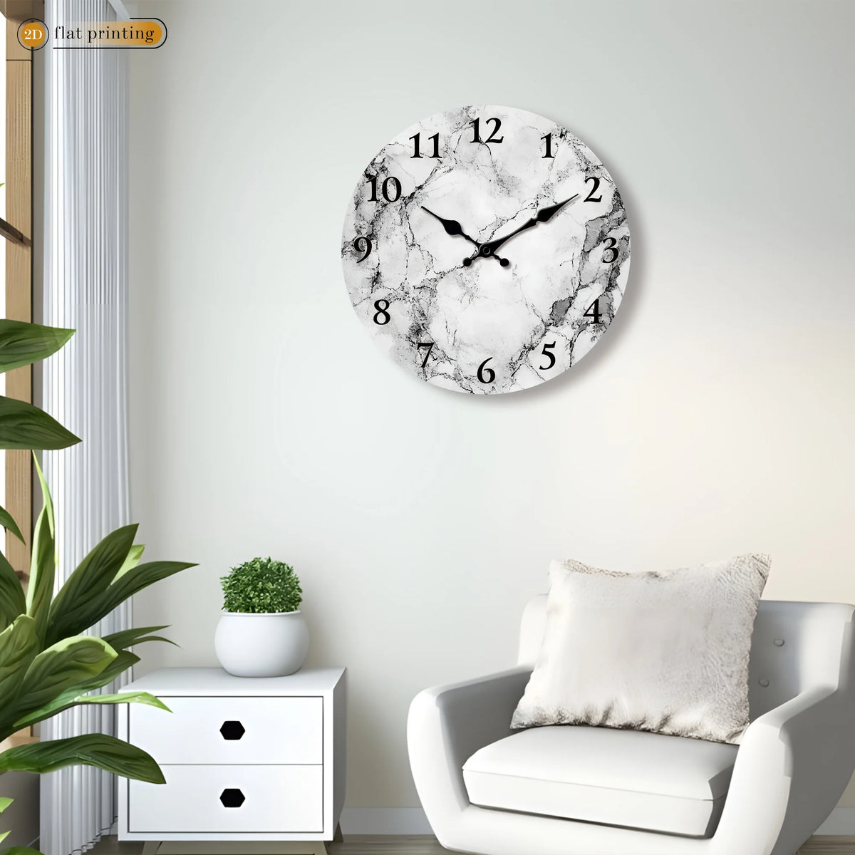 Marble-patterned Wall Clock/Black Numerals/Silent /2D Flat Printing(AA Batteries Not Included)