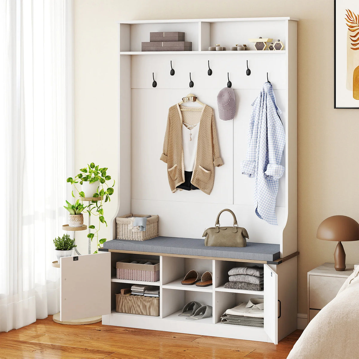 68. 5” 4-in-1 Hall Tree w/ Cushioned Bench Shoe Storage, 7 Hooks and 2 Cabinets, White