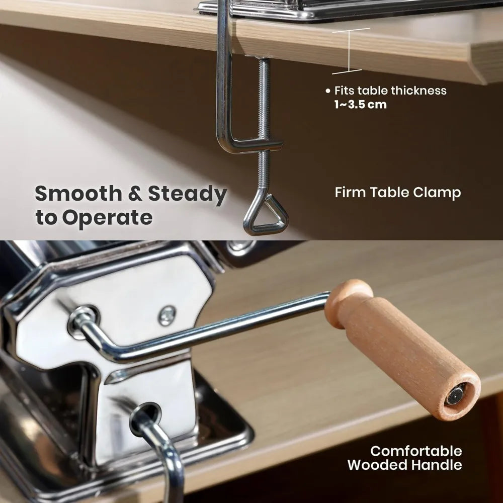 3-in-1 Pasta Machine: 9 Thickness Settings, Dough Rollers & 2 Cutters, Stainless Steel, Durable & Easy Clean