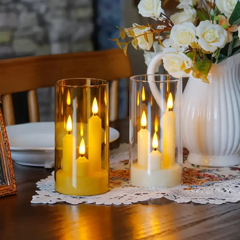 Flameless  Acrylic Short 3 in 1 Taper Candles, Warm Light Flickering Flameless Pillar, LED Electronic Tealight Battery Operated Decor