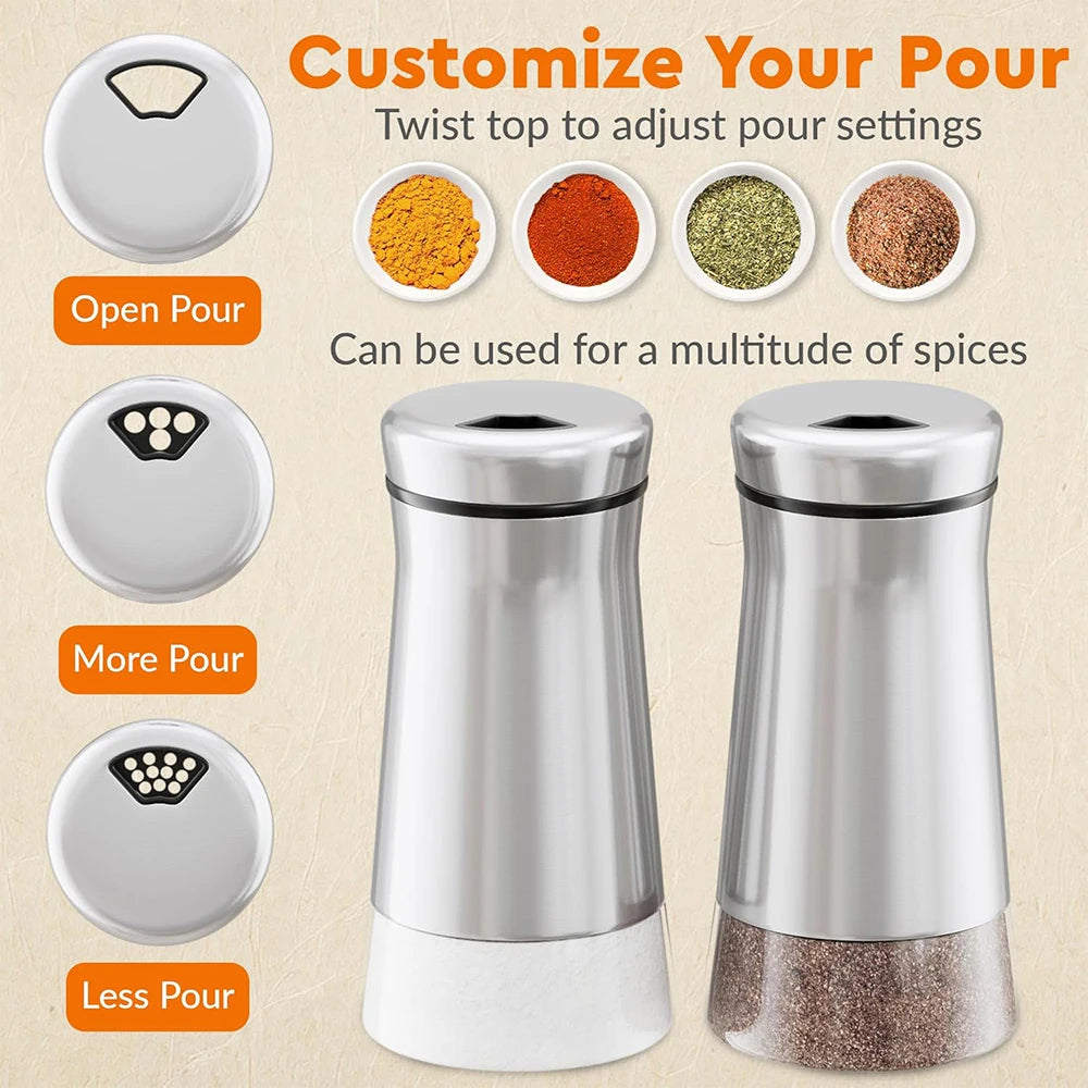 Glass Salt/Pepper Shakers, Stainless Steel Spice Dispenser with Adjustable Pour Holes, Kitchen Items