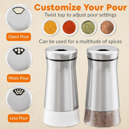 Glass Salt/Pepper Shakers, Stainless Steel Spice Dispenser with Adjustable Pour Holes, Kitchen Items