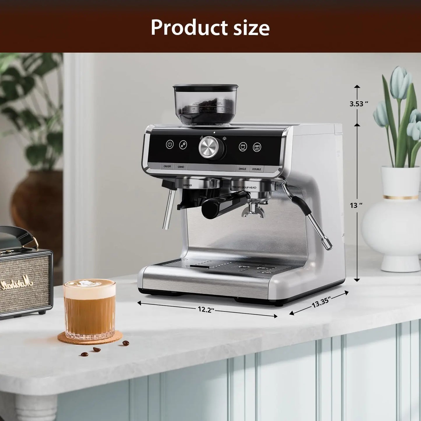 Semi-Automatic Professional Coffee Machine With Bean Grinder & Steam Wand