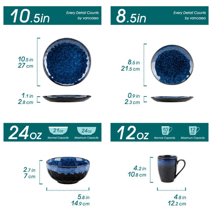 16/32-Piece Starry Blue Dinner Set, Kiln Glaze Tableware Dinner Set with Dinner Plate, Dessert Plate, Bowl