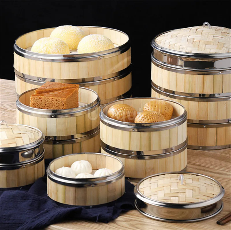 Bamboo Food Steamer basket with Stainless Steel Banding